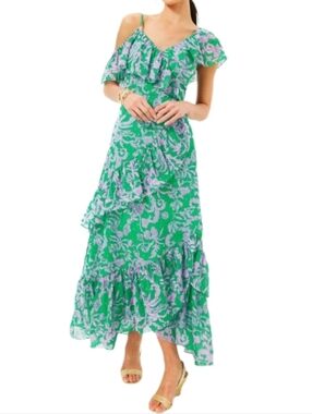 Lilly Pulitzer Rosalynn Green Floral Ruffle Maxi Dress